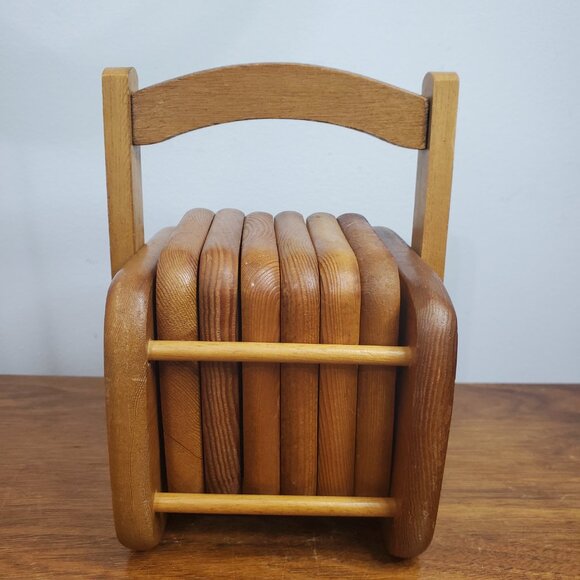 Vintage Wooden Coaster Set with Holder – 6 Cork-Insert Coasters, Mid-Century Rus - Picture 10 of 10